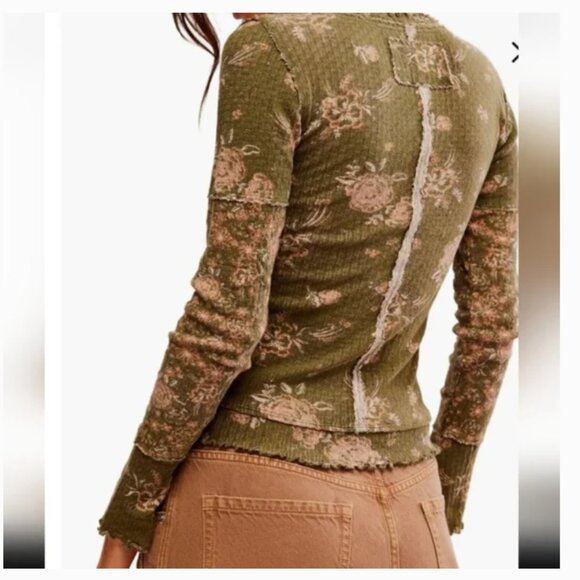 Free People We The Free Clover Floral Long Sleeve Thermal Shirt Size Large Green - Picture 2 of 16